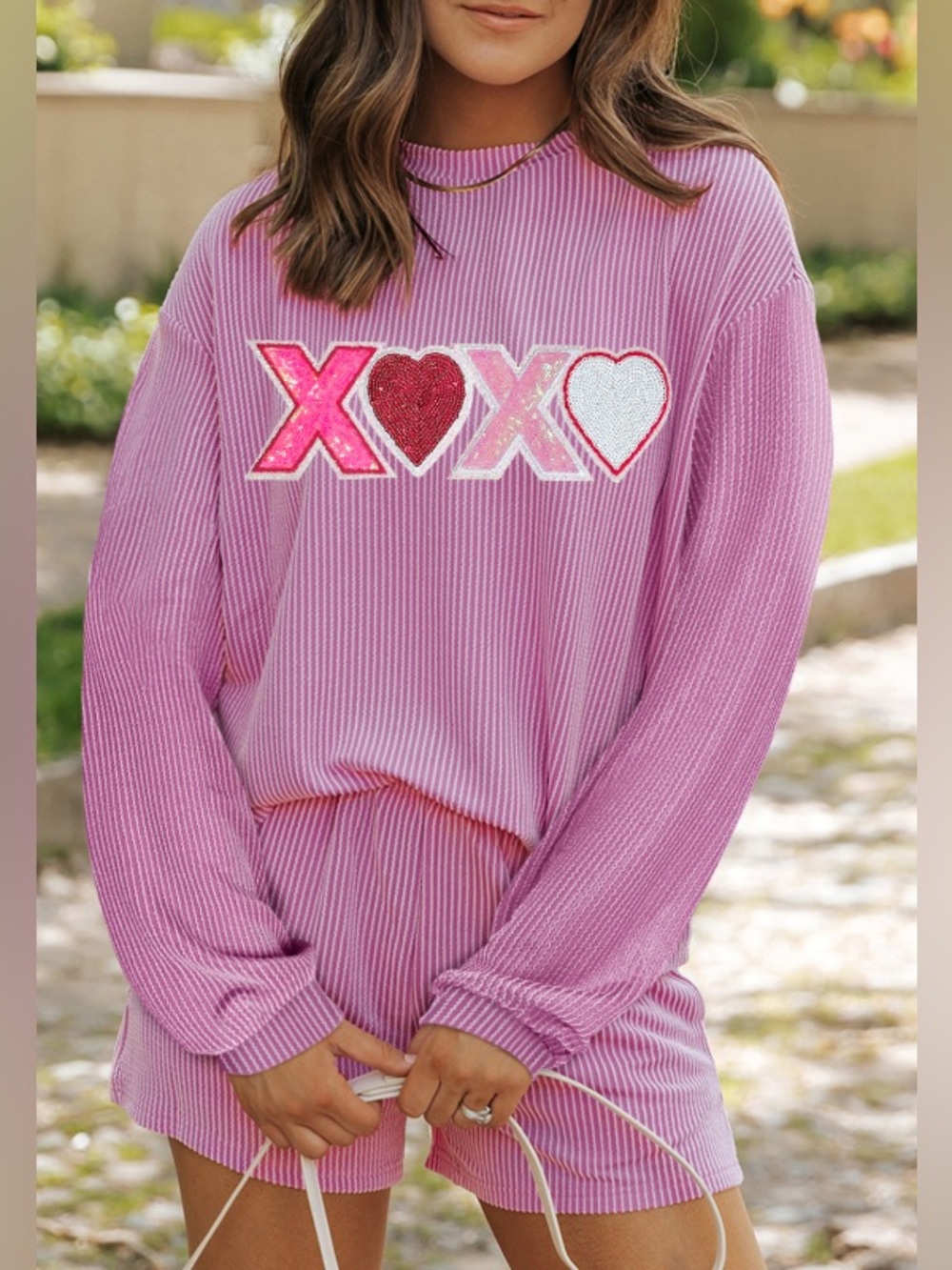 Valentine’s Day XOXO Heart Sequin Corded Long Sleeve Top and Shorts Set